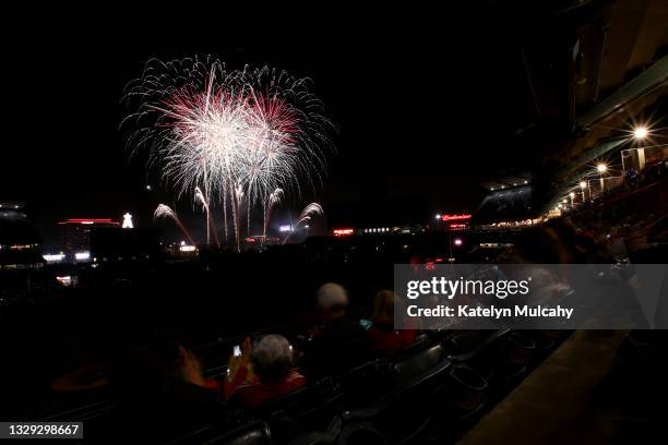 General view of the fireworks display after the game between the Los Angeles Angels and the Seattle Mariners at Angel Stadium of Anaheim on July 17,...