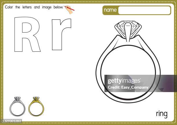 vektorillustration der malbuchseite für kinder mit umrissener clipart zum ausmalen. buchstabe r für ring. - ausmalen stock-grafiken, -clipart, -cartoons und -symbole