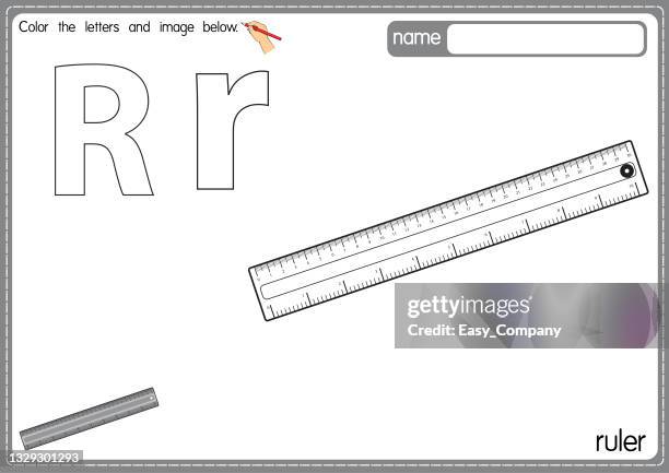 vektorillustration der malbuchseite für kinder mit umrissener clipart zum ausmalen. buchstabe r für lineal - volume unit meter stock-grafiken, -clipart, -cartoons und -symbole