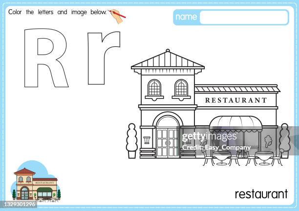 illustrazioni stock, clip art, cartoni animati e icone di tendenza di illustrazione vettoriale della pagina del libro da colorare dell'alfabeto per bambini con clipart delineata da colorare. lettera r per ristorante. - architecture restaurant interior