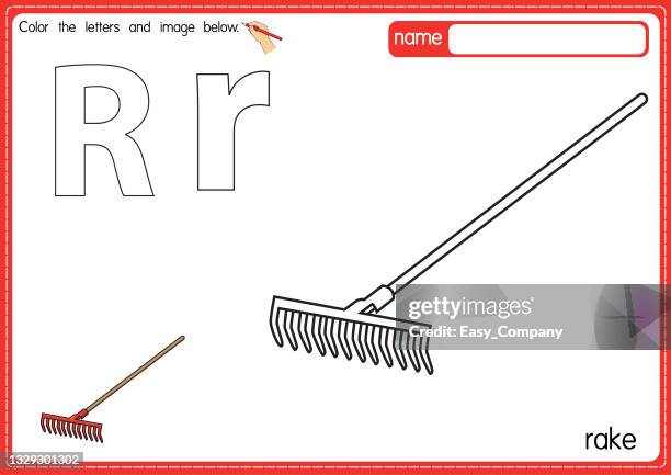 vector illustration of kids alphabet coloring book page with outlined clip art to color. letter r for  rack. - rake stock illustrations