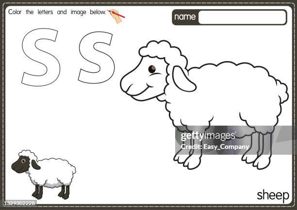 vector illustration of kids alphabet coloring book page with outlined clip art to color. letter s for sheep. - fur hat stock illustrations