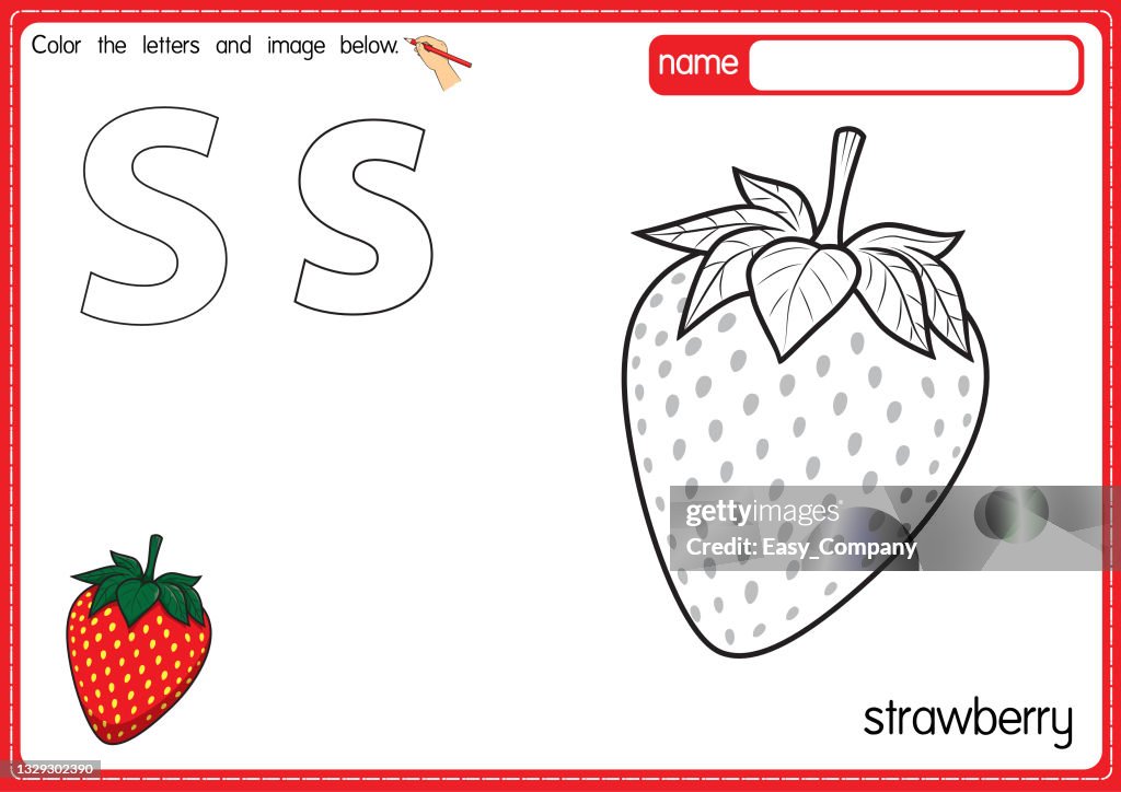 Vector illustration of kids alphabet coloring book page with outlined clip art to color. Letter S for Strawberry.