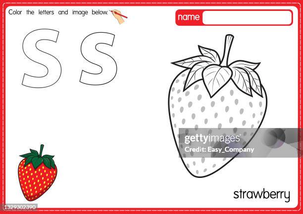 vector illustration of kids alphabet coloring book page with outlined clip art to color. letter s for strawberry. - strawberry shortcake stock illustrations