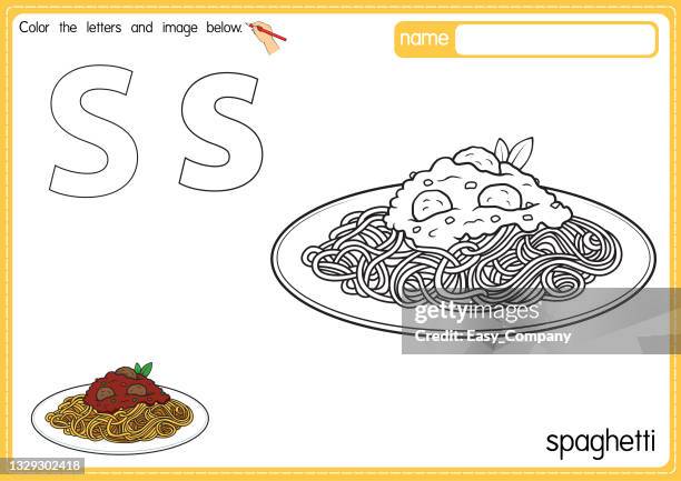 vector illustration of kids alphabet coloring book page with outlined clip art to color. letter s for spaghetti. - spaghetti squash stock illustrations