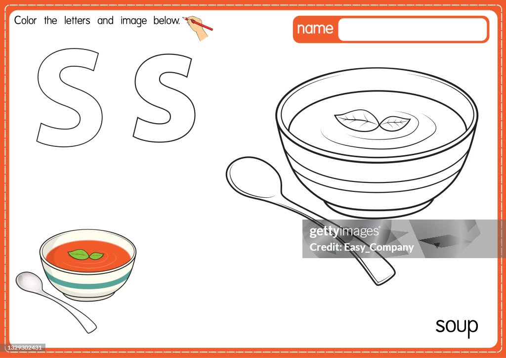 Vector illustration of kids alphabet coloring book page with outlined clip art to color. Letter S for Soup.
