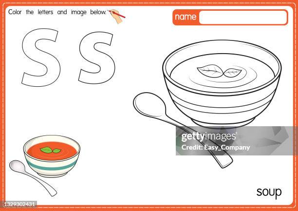 vector illustration of kids alphabet coloring book page with outlined clip art to color. letter s for soup. - alphabet soup fish stock illustrations