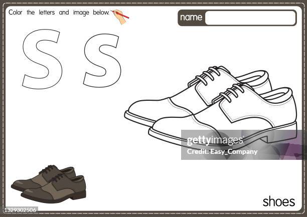 vector illustration of kids alphabet coloring book page with outlined clip art to color. letter s for shoes. - letter s icon stock illustrations