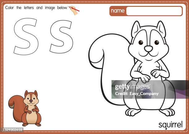 vector illustration of kids alphabet coloring book page with outlined clip art to color. letter s for squirrel. - squirrel stock illustrations