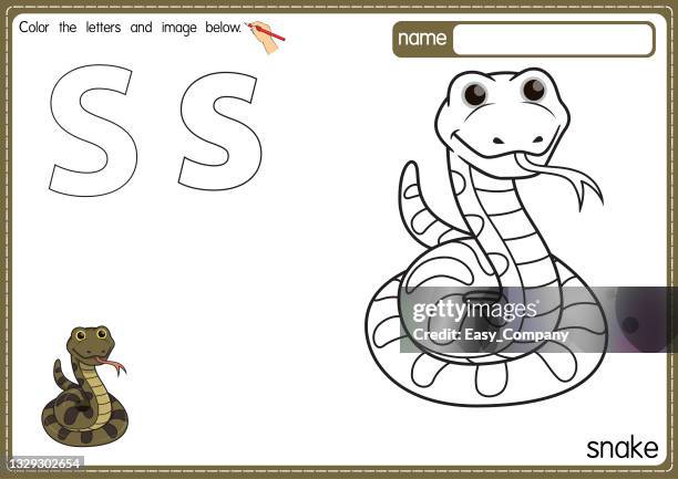 vector illustration of kids alphabet coloring book page with outlined clip art to color. letter s for snake. - snake game stock illustrations
