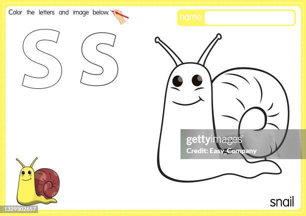 vector illustration of kids alphabet coloring book page with outlined clip art to color. letter s for snail. - cartoon snail stock illustrations