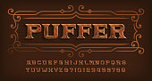 Puffer alphabet font. Steam punk rivet letters and numbers.