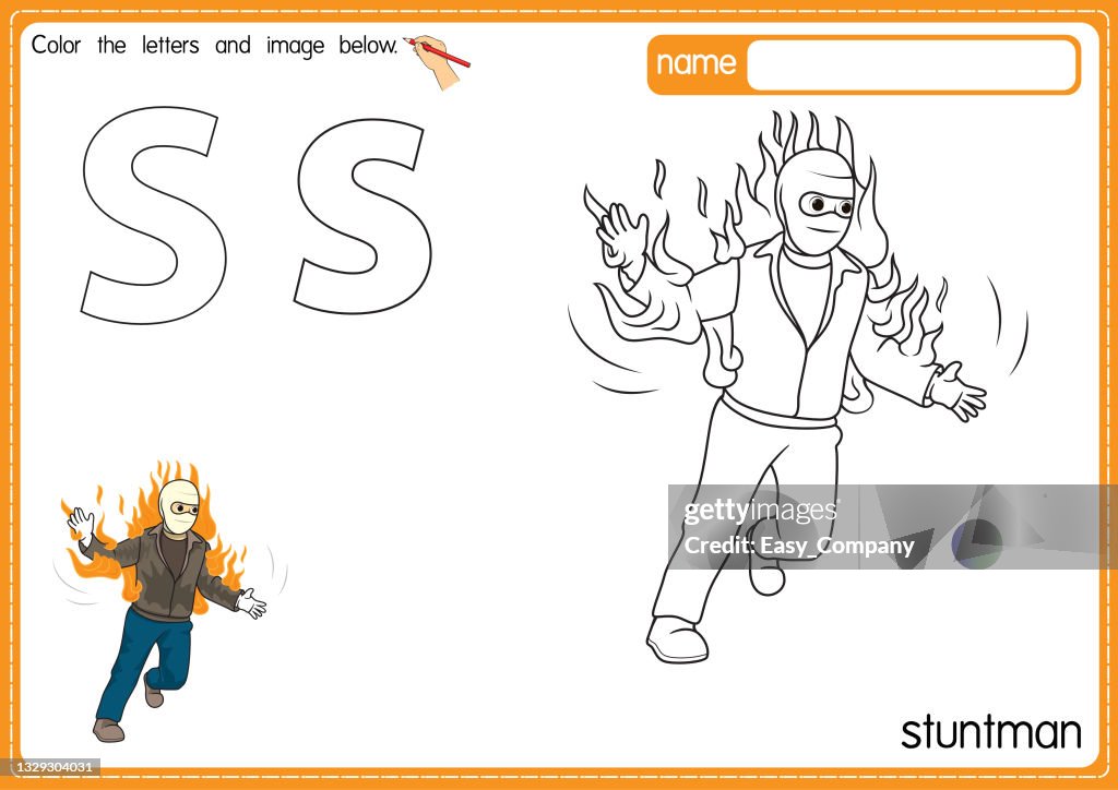Vector illustration of kids alphabet coloring book page with outlined clip art to color. Letter S for Stuntman.
