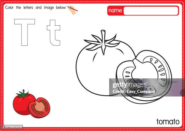 vektorillustration der malbuchseite für kinder mit umrissener clipart zum ausmalen. buchstabe t für tomate. - vegetable juice stock-grafiken, -clipart, -cartoons und -symbole