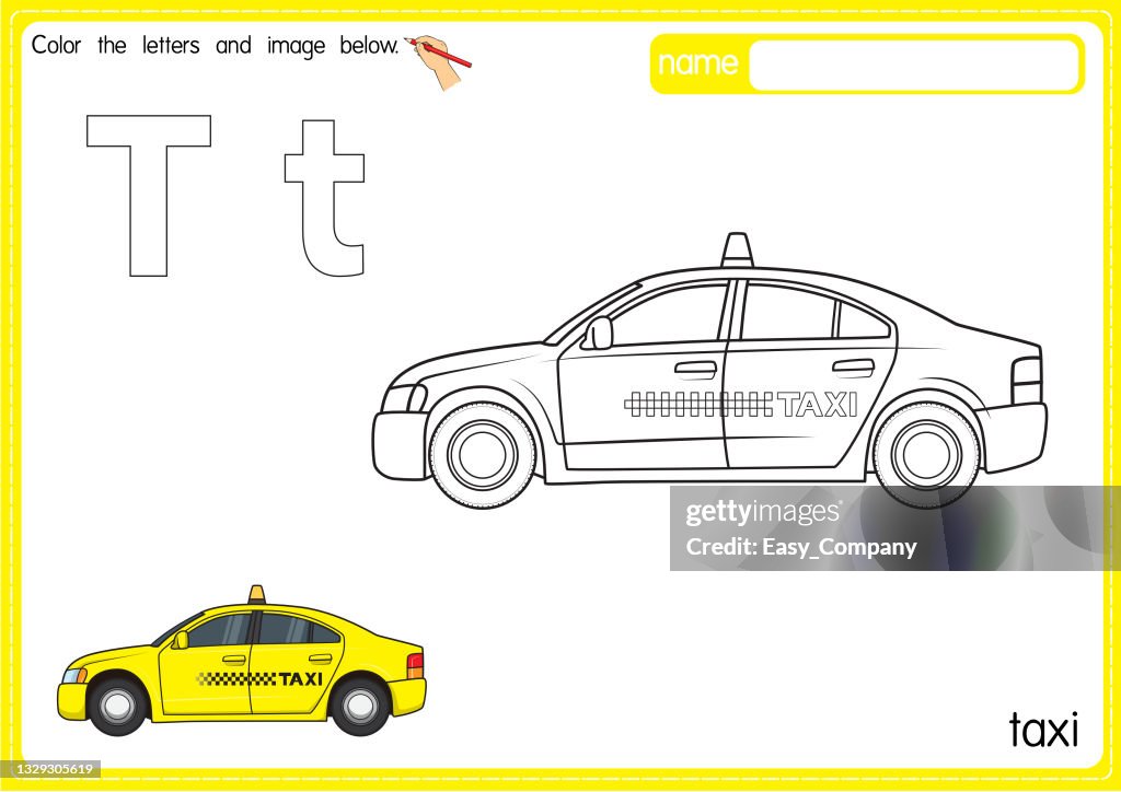 Vector illustration of kids alphabet coloring book page with outlined clip art to color. Letter T for Taxi.