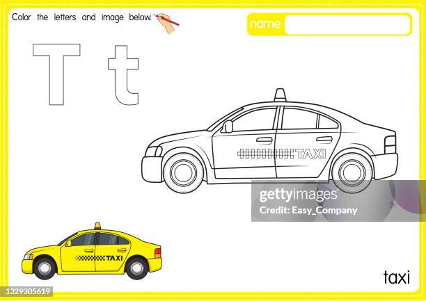 Vector Illustration Of Kids Alphabet Coloring Book Page With Outlined Clip Art To Color Letter T For Taxi High-Res Vector Graphic