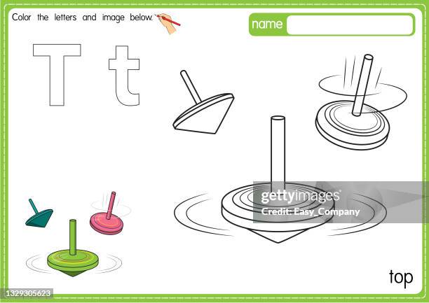 illustrazioni stock, clip art, cartoni animati e icone di tendenza di illustrazione vettoriale della pagina del libro da colorare dell'alfabeto per bambini con clipart delineata a colori. lettera t per top. - trottola
