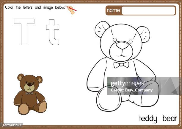 vektorillustration der malbuchseite für kinder mit umrissener clipart zum ausmalen. buchstabe t für teddybär. - teddy bear stock-grafiken, -clipart, -cartoons und -symbole