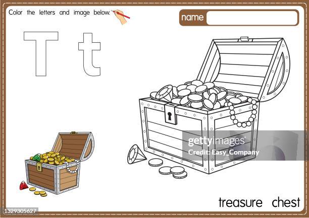 vector illustration of kids alphabet coloring book page with outlined clip art to color. letter t for treasure chest. - treasure stock illustrations