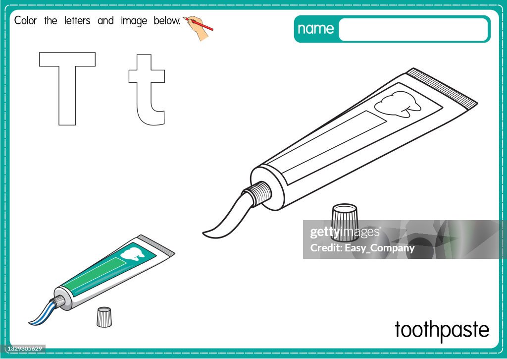 Vector illustration of kids alphabet coloring book page with outlined clip art to color. Letter T for Toothpaste.