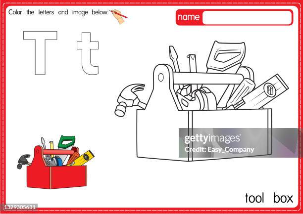 illustrations, cliparts, dessins animés et icônes de illustration vectorielle de la page du livre de coloriage de l’alphabet pour enfants avec une image clipart en couleur. lettre t pour boîte à outils. - message écrit et lettre de lalphabet