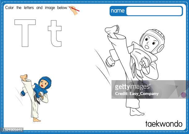 ilustrações, clipart, desenhos animados e ícones de ilustração vetorial de crianças alfabeto página de livro de colorir com delineado clip art para colorir. carta t para taekwondo. - letter t