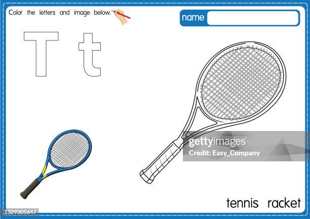 vector illustration of kids alphabet coloring book page with outlined clip art to color. letter t for tennis racket. - tournament champion stock illustrations