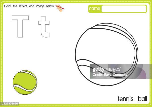 bildbanksillustrationer, clip art samt tecknat material och ikoner med vector illustration of kids alphabet coloring book page with outlined clip art to color. letter t for tennis ball. - health club