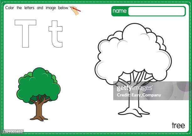 vector illustration of kids alphabet coloring book page with outlined clip art to color. letter t for tree. - coloring book stock illustrations