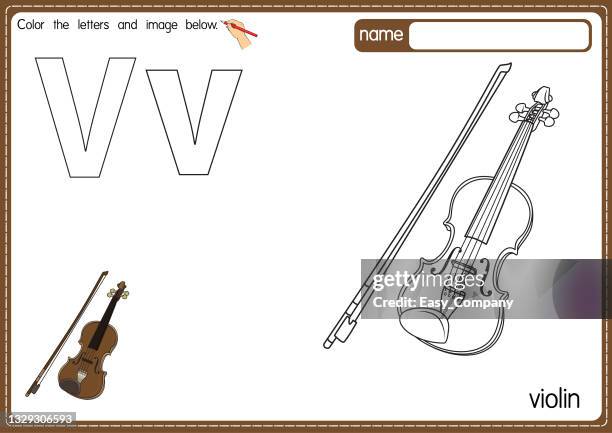 vektorillustration der malbuchseite für kinder mit umrissener clipart zum ausmalen. letter v für violine. - bratsche stock-grafiken, -clipart, -cartoons und -symbole