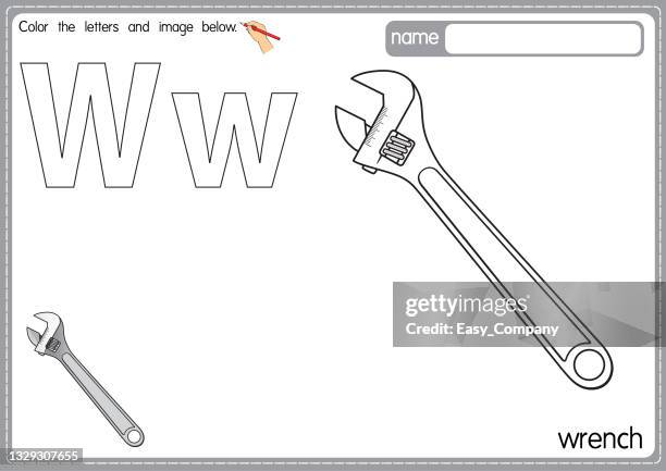 vector illustration of kids alphabet coloring book page with outlined clip art to color. letter w for wrench. - plumber tools background stock illustrations