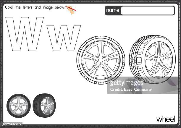 vector illustration of kids alphabet coloring book page with outlined clip art to color. letter w for wheel. - motor show stock illustrations