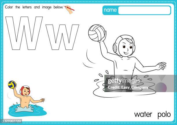 vector illustration of kids alphabet coloring book page with outlined clip art to color. letter w for water polo. - polo stock illustrations