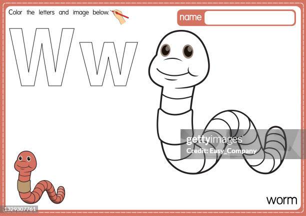 ilustrações de stock, clip art, desenhos animados e ícones de vector illustration of kids alphabet coloring book page with outlined clip art to color. letter w for worm. - manure pile