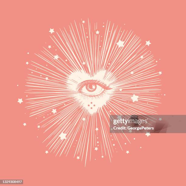 stockillustraties, clipart, cartoons en iconen met all seeing eye with heart and stars - kijken