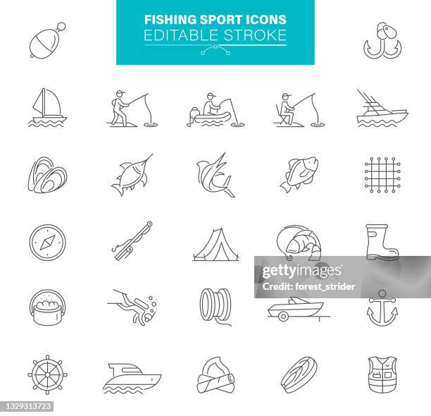 fishing sport icons editable stroke. fly-fishing, recreational pursuit, fishing equipment, illustration - dashi float stock illustrations