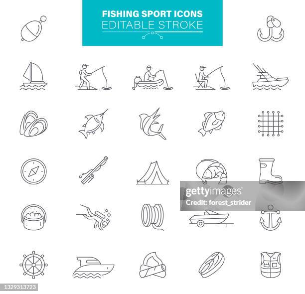 fishing sport icons editable stroke. fly-fishing, recreational pursuit, fishing equipment, illustration - hobbies vector stock illustrations