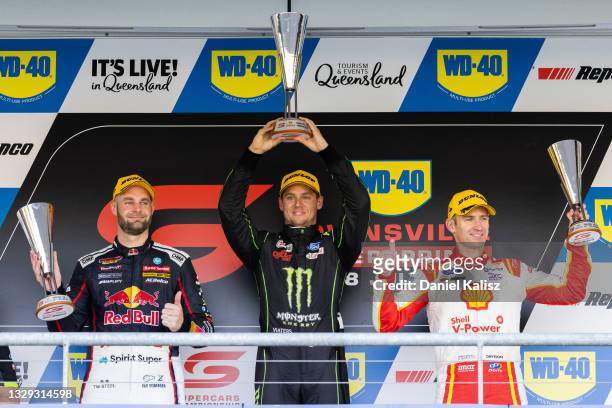 2nd place Shane van Gisbergen drives the Red Bull Ampol Holden Commodore ZB, 1st place Cameron Waters drives the Monster Energy Ford Mustang and 3rd...