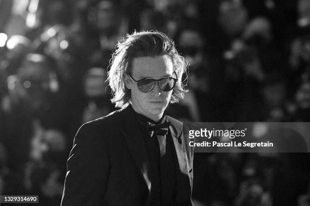 Best actor for "Nitram", Caleb Landry Jones poses during 74th annual Cannes Film Festival on July 17, 2021 in Cannes, France.
