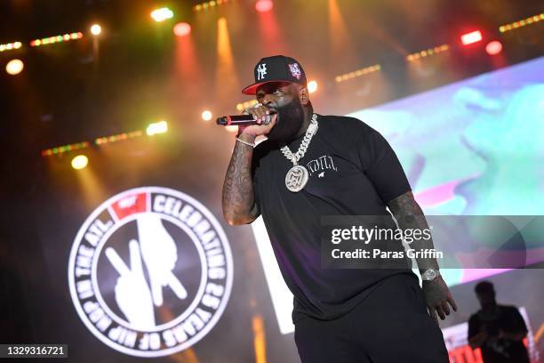 Rapper Rick Ross performs onstage during Hot 107.9 Birthday Bash 25 at Center Parc Credit Union Stadium at Georgia State University on July 17, 2021...