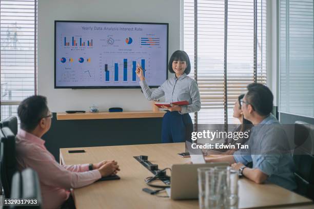 asian malay woman presenting to her colleague in conference room with television screen presentation - business plan stock pictures, royalty-free photos & images