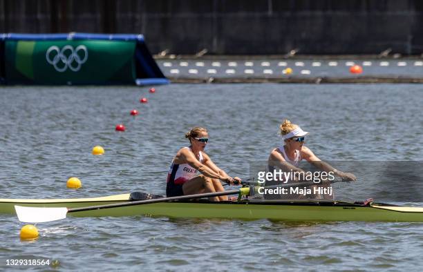 Helen Glover and Polly Swann of Great Britain Rowing team Women’s pair in action during a training session at Sea Forest Waterway on July 18, 2021 in...