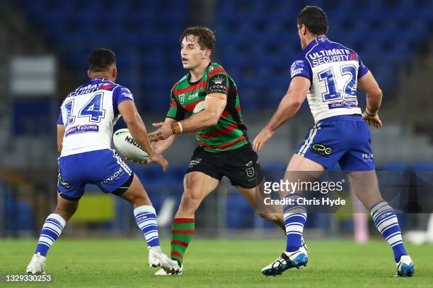 Cameron Murray of the Rabbitohs passes during the round 18 NRL match between the South Sydney Rabbitohs and the Canterbury Bulldogs at Cbus Super...