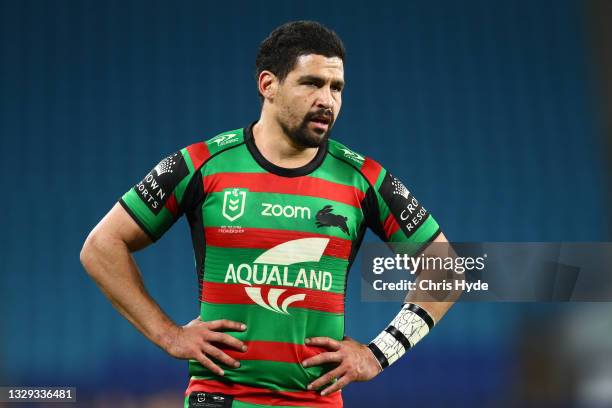 Cody Walker of the Rabbitohs looks on during the round 18 NRL match between the South Sydney Rabbitohs and the Canterbury Bulldogs at Cbus Super...