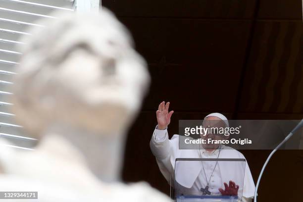 Pope Francis delivers his Angelus Blessing from the Apostolic Palace on July 18, 2021 in Vatican City, Vatican. After a two-week absence, Pope...