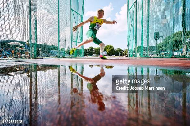 Mykolas Alekna of Lithuania competes in the Men's Discus Throw Final during European Athletics U20 Championships Day 4 at Kadriorg Stadium on July...
