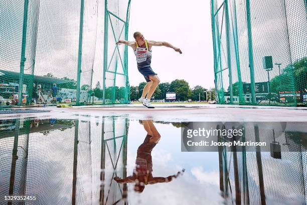Magnus Zimmermann of Germany competes in the Men's Discus Throw Final during European Athletics U20 Championships Day 4 at Kadriorg Stadium on July...