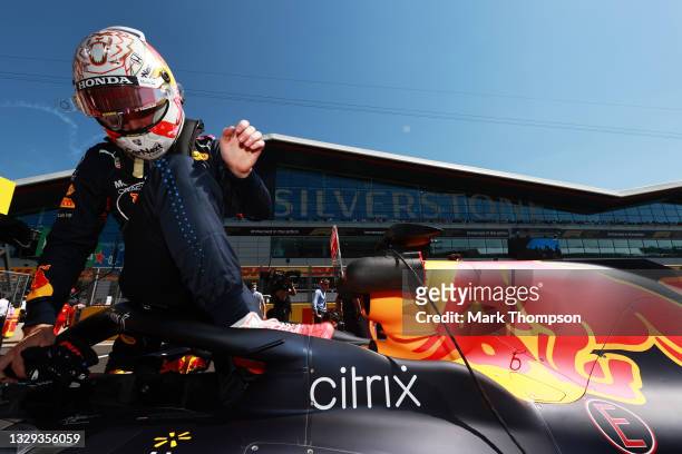 Max Verstappen of Netherlands and Red Bull Racing prepares to drive on the grid before the F1 Grand Prix of Great Britain at Silverstone on July 18,...