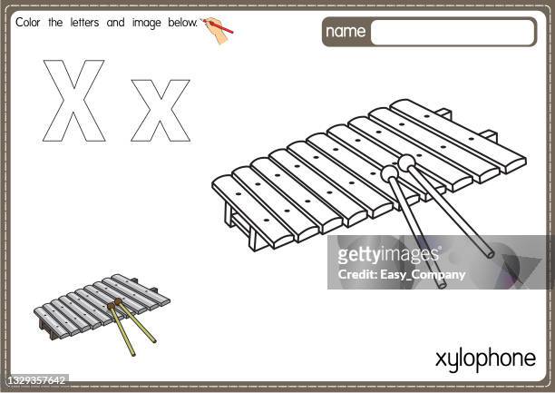 vektorillustration der malbuchseite für kinder mit umrissener clipart zum ausmalen. buchstabe x für xylophon. - xylophone stock-grafiken, -clipart, -cartoons und -symbole