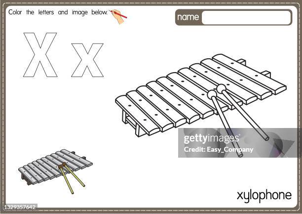 vector illustration of kids alphabet coloring book page with outlined clip art to color. letter x for xylophone. - xylophone stock illustrations